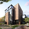 Modern Townhouse Exterior Design Featuring Glass Elements Geometric Structure And Greenery