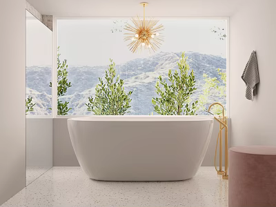 Modern Bathroom Interior With Freestanding Bathtub Mountain View Green Plants And Golden Chandelier 3d model