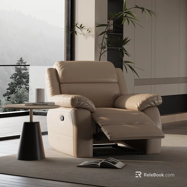 Luxury Beige Leather Recliner Chair With Side Table And Mountain View Through Window 3d model 