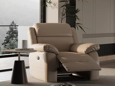 Luxury Beige Leather Recliner Chair With Side Table And Mountain View Through Window 3d model