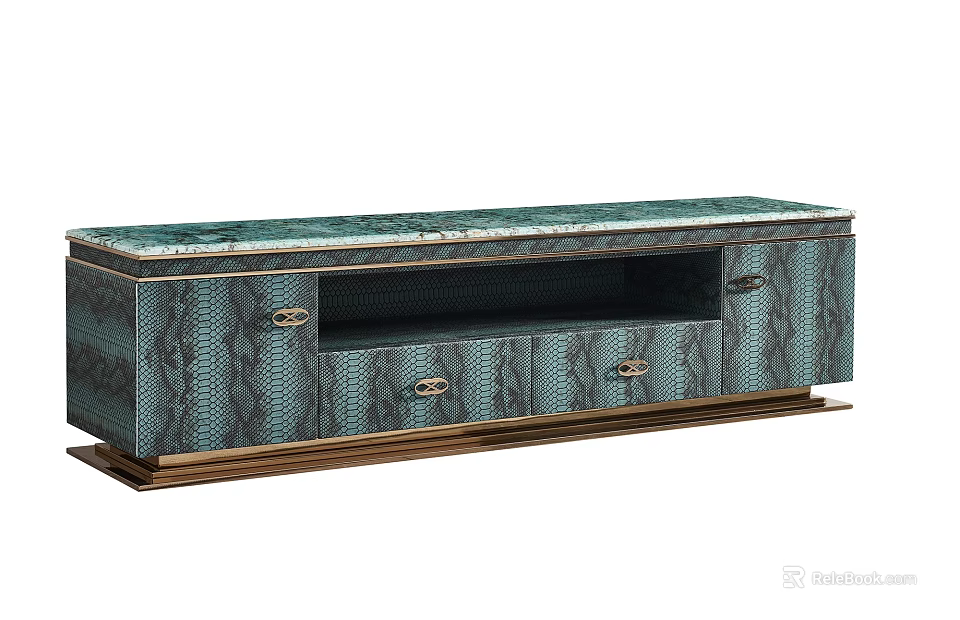 Teal Snake Skin Pattern TV Stand With Gold Metal Accents And Drawers 3d model 