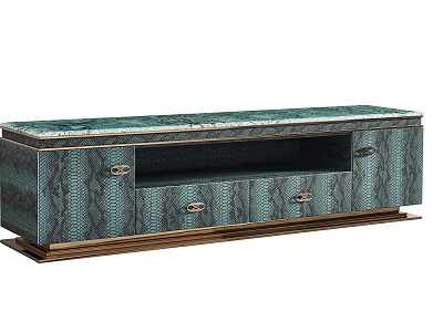 Teal Snake Skin Pattern TV Stand With Gold Metal Accents And Drawers 3d model