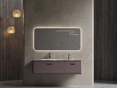 Modern Minimalist Bathroom Vanity With Concrete Wall Illuminated Mirror Purple Cabinet And Pendant Lights 3d model
