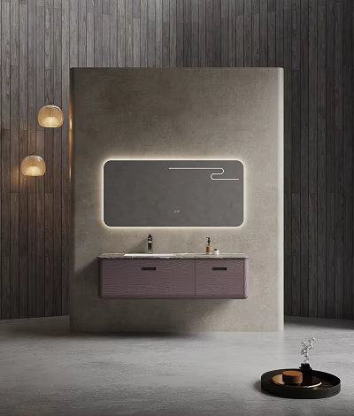Modern Minimalist Bathroom Vanity With Concrete Wall Illuminated Mirror Purple Cabinet And Pendant Lights 3d model