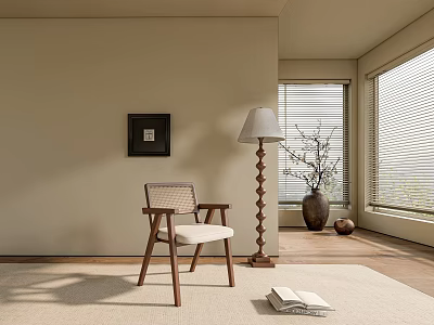 Lounge Chair Featuring Wooden Frame White Cushion Floor Lamp And Vase By Window With Blinds 3d model