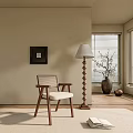 Lounge Chair Featuring Wooden Frame White Cushion Floor Lamp And Vase By Window With Blinds