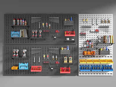Organized Hardware Tools Wall Mounted Storage Display With Assorted Tool Racks And Colorful Bins 3d model