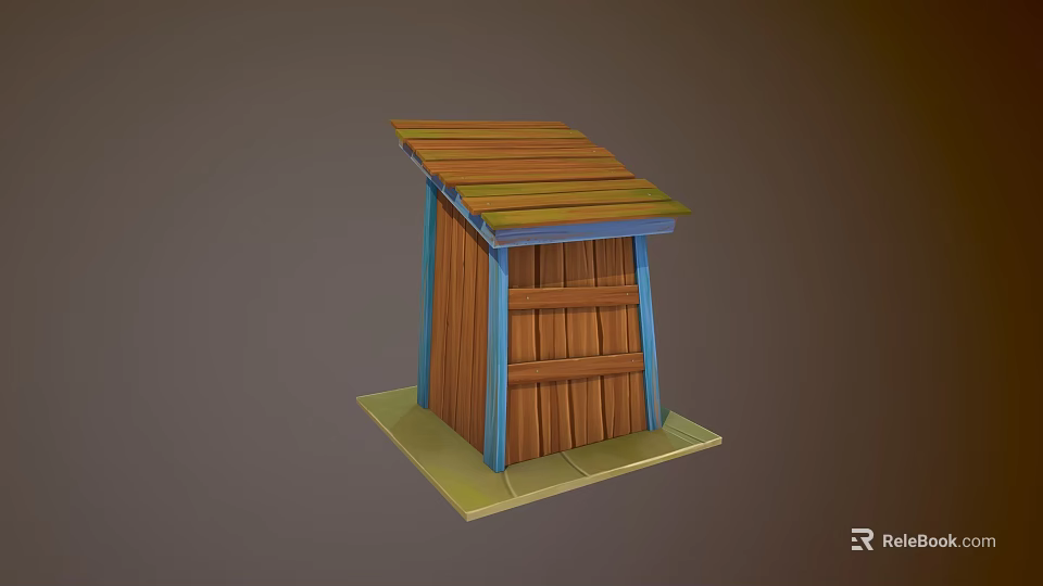 Wooden Outdoor Shed With Colorful Striped Roof And Plank Door On Green Base 3d model 