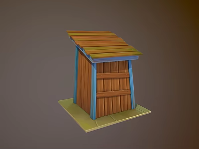 Wooden Outdoor Shed With Colorful Striped Roof And Plank Door On Green Base 3d model