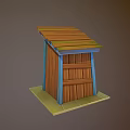 Wooden Outdoor Shed With Colorful Striped Roof And Plank Door On Green Base