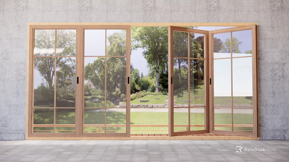Modern Wooden Folding Doors With Glass Panels Open Connecting Indoor Outdoor Garden Space 3d model 
