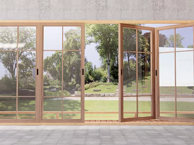 Modern Wooden Folding Doors With Glass Panels Open Connecting Indoor Outdoor Garden Space 3d model