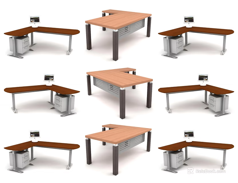 Diverse Office Desk Styles With Wooden Surfaces And Metal Bases For Workspace 3d model 
