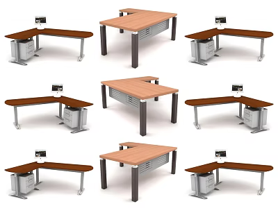 Diverse Office Desk Styles With Wooden Surfaces And Metal Bases For Workspace 3d model
