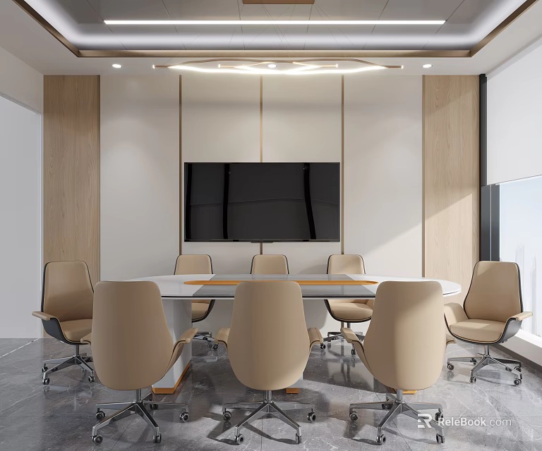 Modern Conference Room Interior With Long Table Comfortable Chairs And TV Screen 3d model 