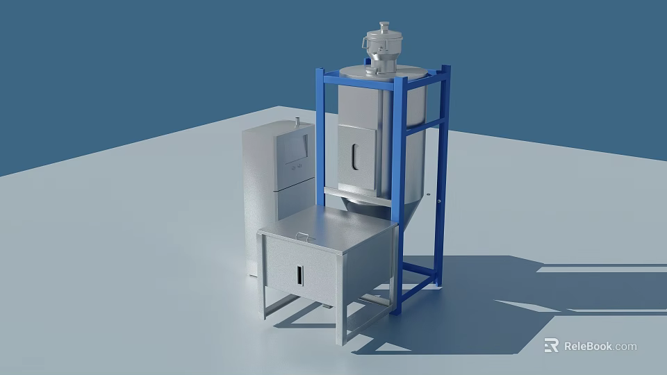 Industrial Mixing Equipment with Silver Cylindrical Container Blue Metal Frame and Control Cabinet 3d model 