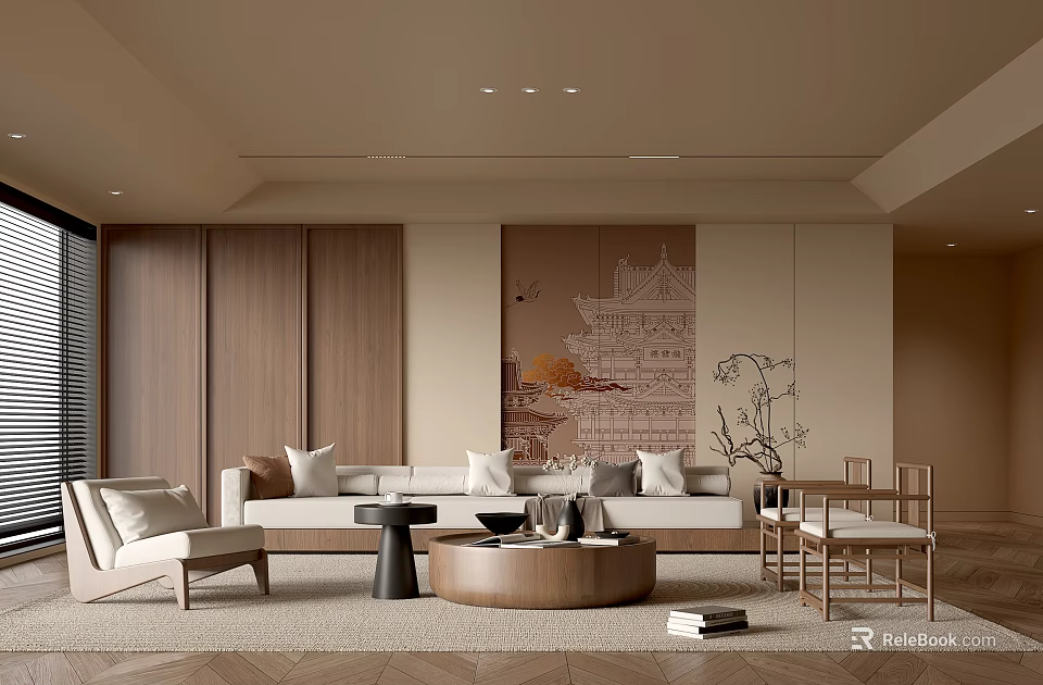 Modern Beige Living Room Interior With Wooden Sofa Round Coffee Table And Decorative Painting 3d model 