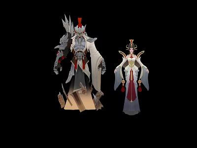 Armored Mythical Warrior With Horned Headdress And Elegant Robed Female Character 3d model