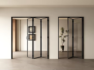 Modern Glass Folding Doors with Black Frames Open and Closed in Interior Space with Plant 3d model