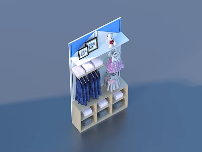 Household Items Display Shelf With Hanging Blue Pink Clothes Folded Items And Decorations 3d model