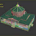 Traditional Building Featuring Green Dome Roof Wooden Structure and White Railings