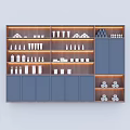 Modern Display Shelf With Blue Wooden Multiple Layers Neatly Arranged Various Products And Warm Lighting