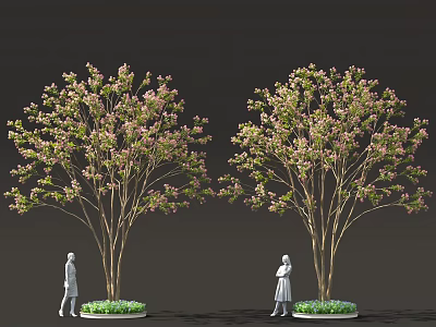 Plant Combination Of Two Trees With Pink Blossoms Green Leaves White Bases And Human Figures 3d model