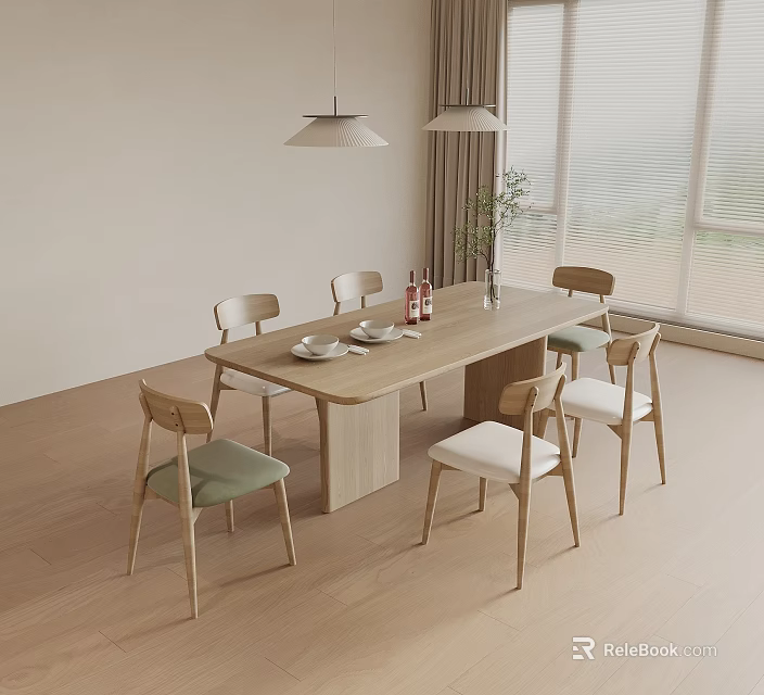 Modern Dining Table Set With Six Wooden Chairs Green White Cushions Dinnerware And Wine Bottles 3d model 