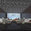 Luxurious SPA Sauna Interior With Massage Beds Wooden Walls And Pendant Lights