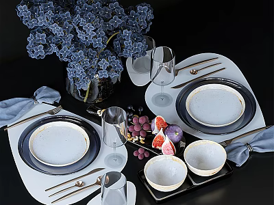 Elegant Dinnerware Set With Plates Bowls Cutlery Wine Glasses Fresh Grapes And Blue Hydrangea Bouquet 3d model