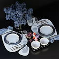 Elegant Dinnerware Set With Plates Bowls Cutlery Wine Glasses Fresh Grapes And Blue Hydrangea Bouquet