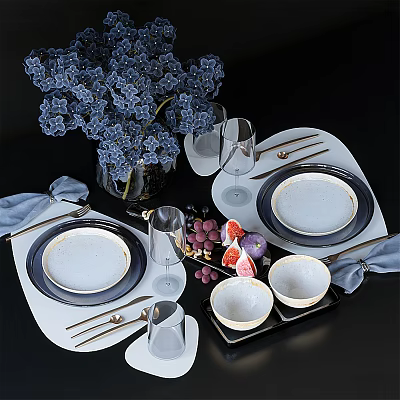 Elegant Dinnerware Set With Plates Bowls Cutlery Wine Glasses Fresh Grapes And Blue Hydrangea Bouquet 3d model