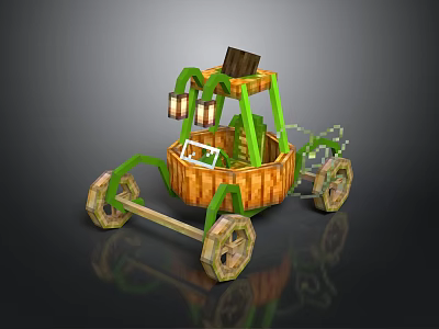 Decorative Wooden Carriage With Green Frame Lanterns Basket Structure And Wooden Wheels 3d model