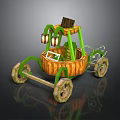 Decorative Wooden Carriage With Green Frame Lanterns Basket Structure And Wooden Wheels