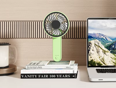 Portable Air Cooling Fan On Stacked Books With Laptop 3d model
