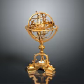 Decorative Golden Armillary Sphere With Intricate Brass Rings And Ornate Pedestal