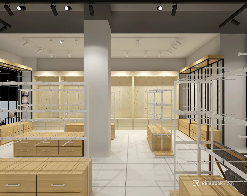 Modern Minimalist Clothing Store Interior With Open Layout Wooden Racks And Metal Hangers 3d model 