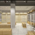 Modern Minimalist Clothing Store Interior With Open Layout Wooden Racks And Metal Hangers