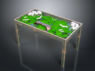 Metal Tabletop on Metallic Frame with White Caterpillars Green Leaves White Round Objects and Spoon 3d model