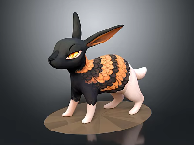 Fantasy Rabbit Creature With Black Body Orange Ears Scaled Pattern Yellow Eyes On Circular Base 3d model