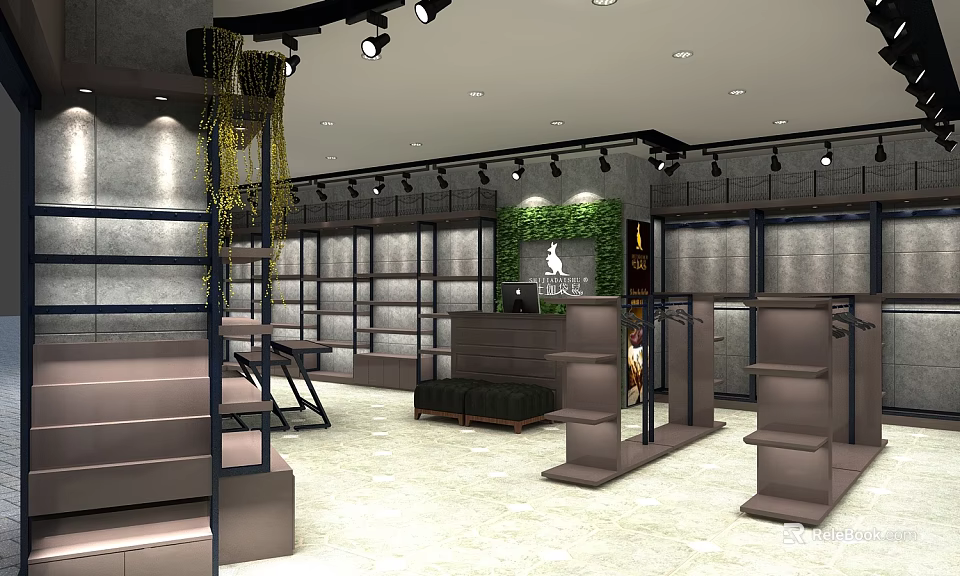 Modern Clothing Store Interior With Shelves Fitting Rooms Green Plant Wall And Display Stands 3d model 