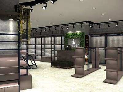 Modern Clothing Store Interior With Shelves Fitting Rooms Green Plant Wall And Display Stands 3d model