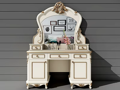 Elegant White Dressing Table Featuring Ornate Mirror Golden Accents And Storage Drawers 3d model