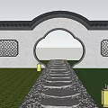 Chinese Courtyard Garden With Arched Moon Gate Stone Path Lanterns Lush Green Plants And Mist
