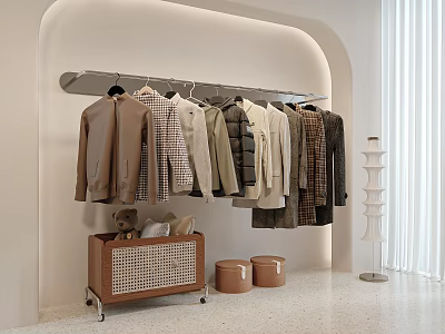 Modern Hanging Clothes Display with Various Styles Brown Beige Plaid Storage Cabinet and Floor Lamp 3d model