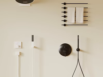 Modern Shower Head On Bathroom Wall With Black Towel Rack And White Towels 3d model