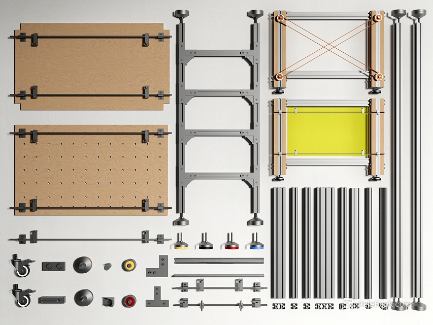 Assorted Assembly Components With Perforated Wooden Panels Metal Frames Screws Rods And Fasteners 3d model 