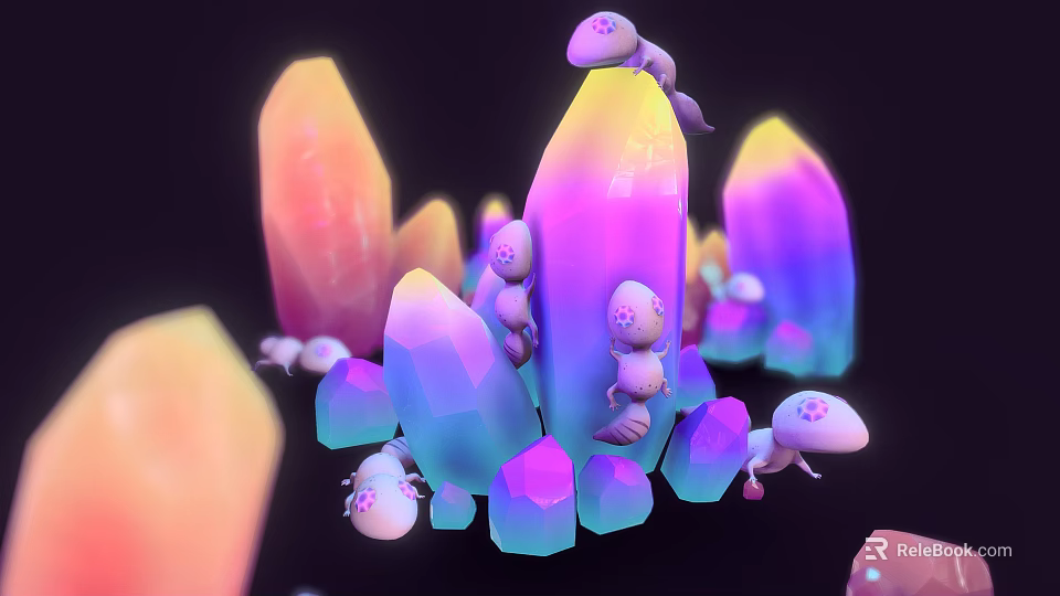 Vibrant Crystal Rocks And Wooden Elements With Tiny Pink Creatures In Dark Setting 3d model