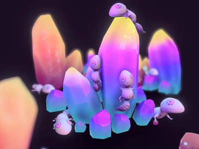 Vibrant Crystal Rocks And Wooden Elements With Tiny Pink Creatures In Dark Setting 3d model
