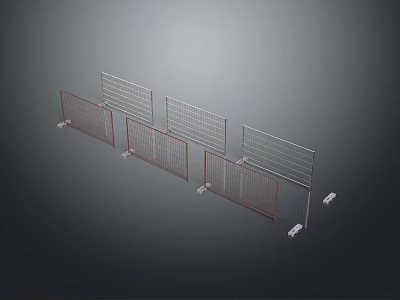 Multiple Metal Mesh Fence Panels With Red And Silver Frames And Support Legs 3d model